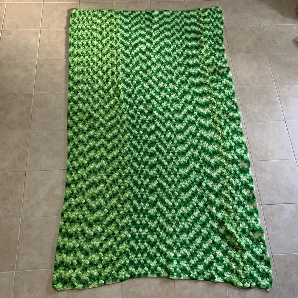 Handmade Crochet Afghan Throw 84x49 Shades Of Green White Textured Squares